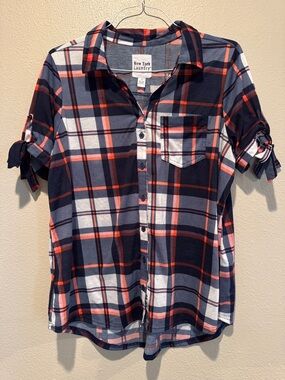 New York Laundry Navy, Coral & White Plaid Tie-Sleeve Button Front Top